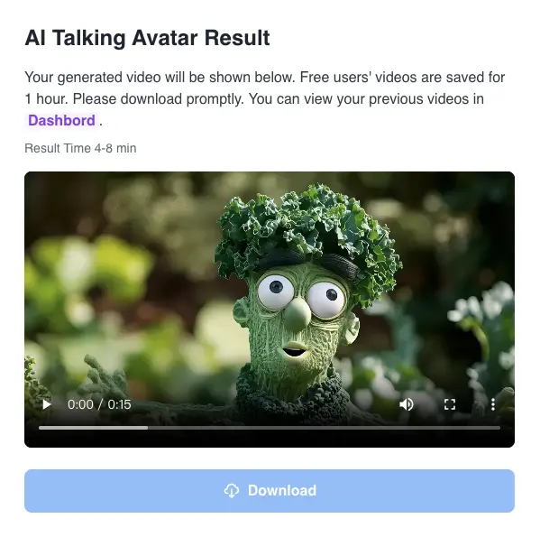 AI Talking Avatar Step 2: Generation complete, preview and download in Dashboard